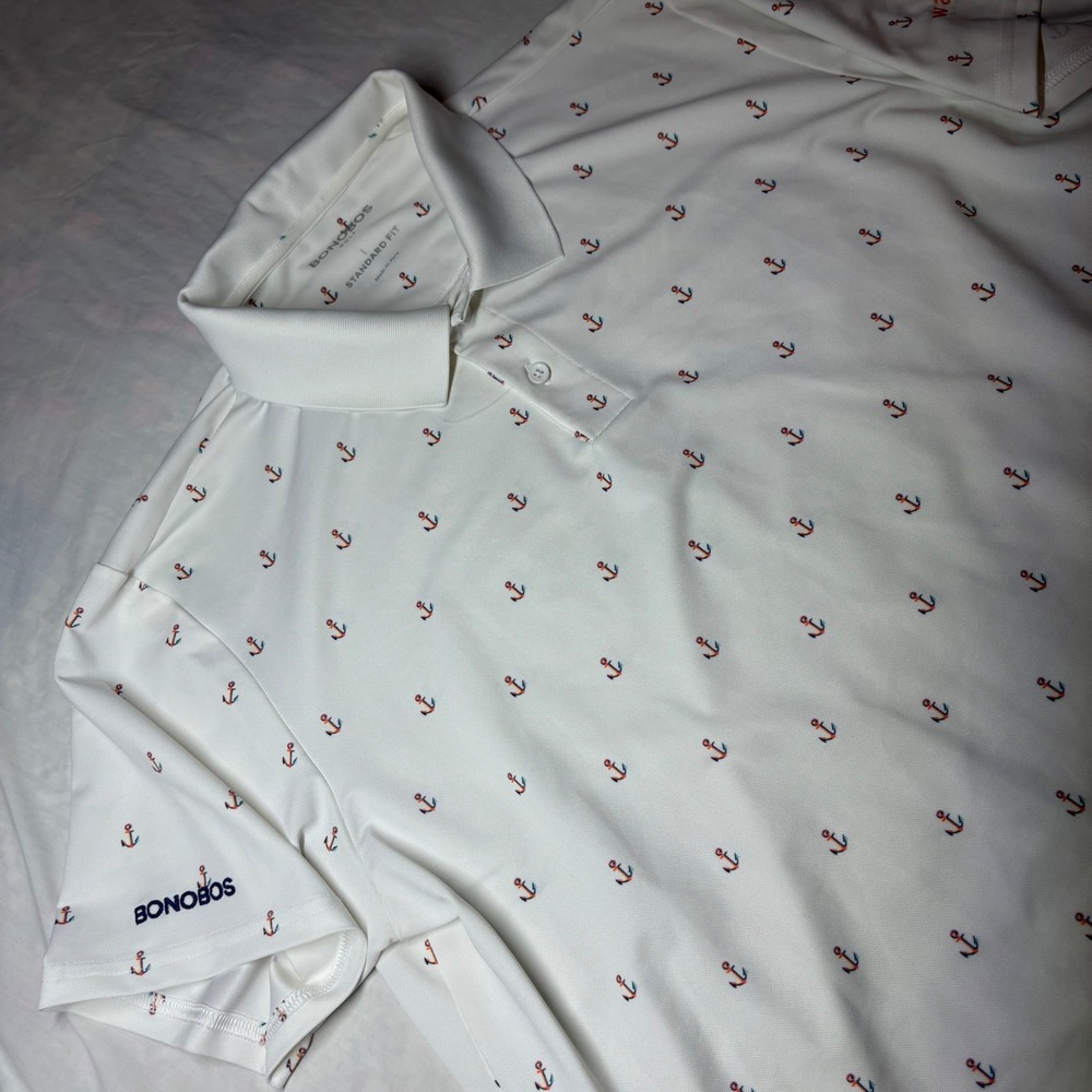 Bonobos Golf Mens Large White Anchor Print Performance Polo Shirt Standard Fit